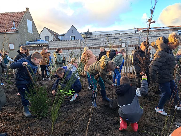 Leerlingen aan de slag met het planten van een Tiny Forest 